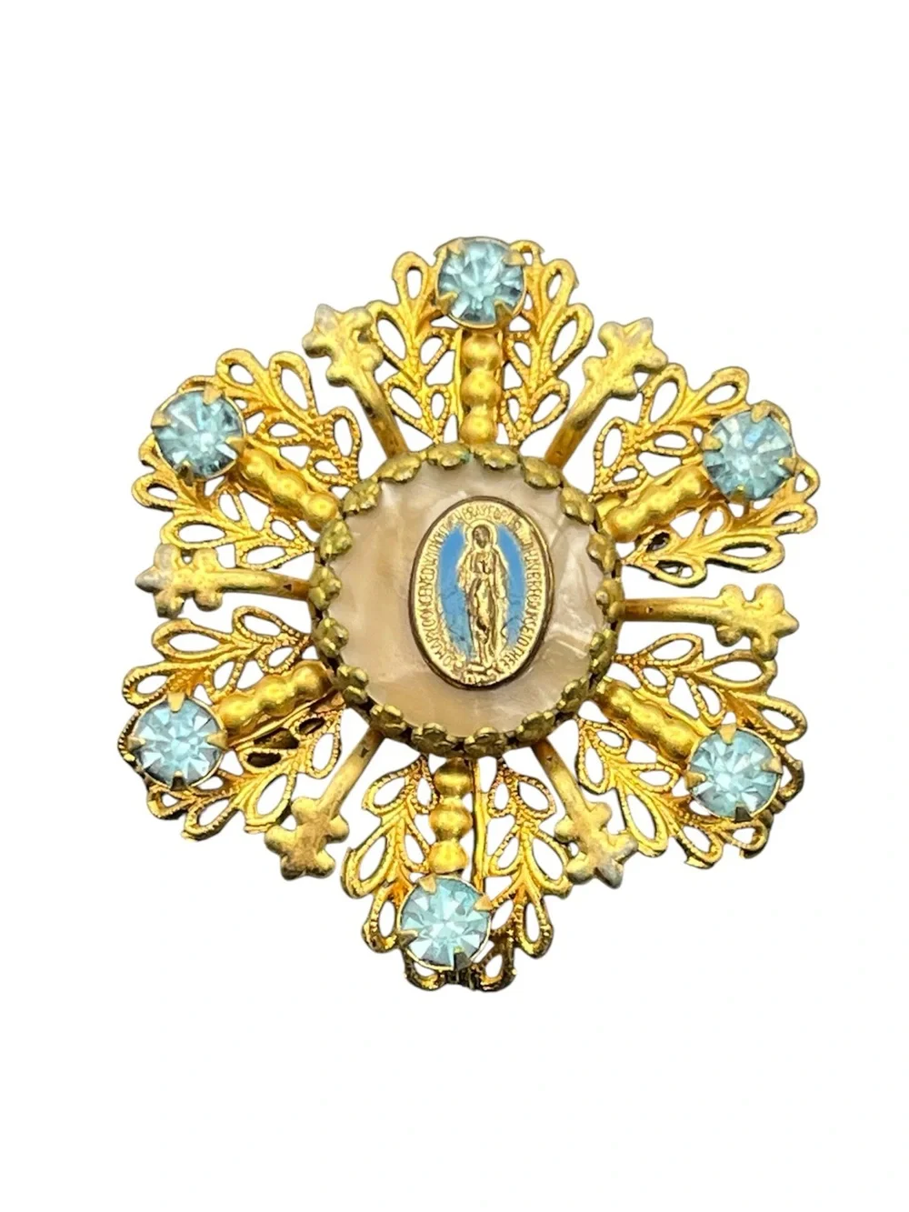 Miraculous medal Catholic Virgin Mary blue rhinestone gold tone starburst brooch
